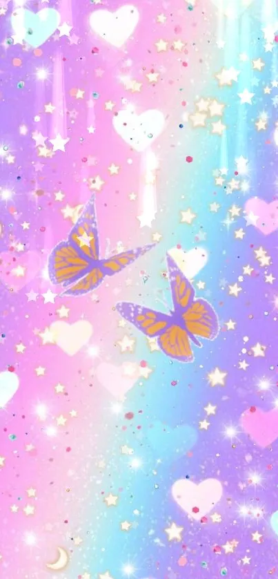 Whimsical pastel wallpaper with butterflies and stars.