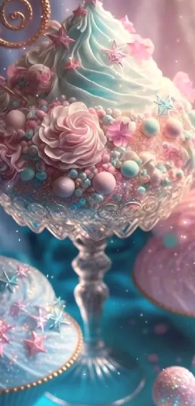 Whimsical pastel dessert with blue and pink hues in a crystal holder.