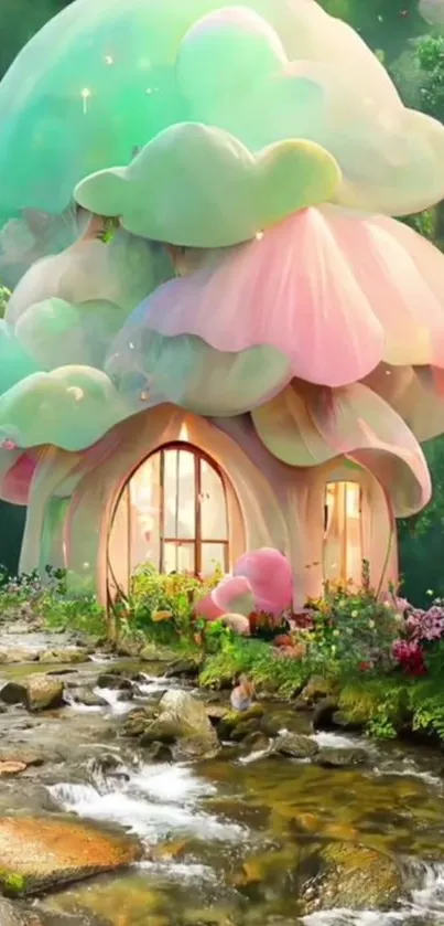 Whimsical pastel house with clouds in nature scene.