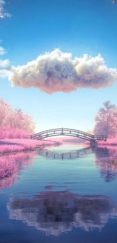 Enchanting pastel landscape with bridge and cloud reflecting on a calm river.