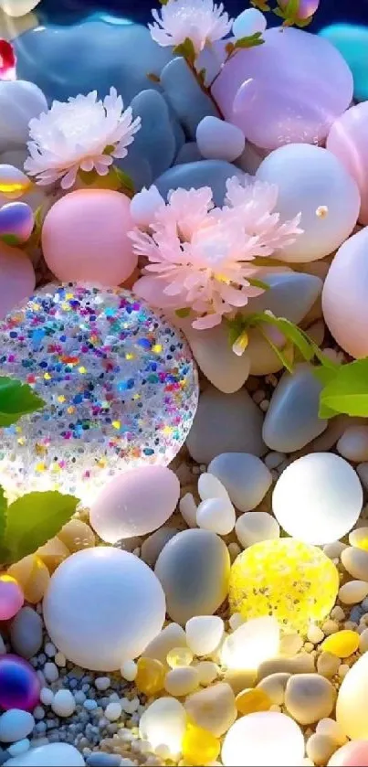 Pastel stones and flowers create a serene and whimsical mobile wallpaper.
