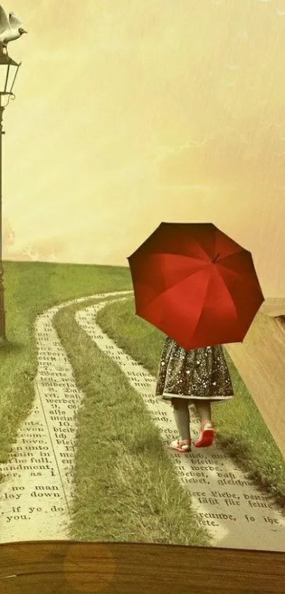 Surreal wallpaper with girl and red umbrella on a book path.