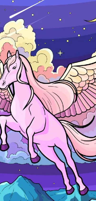 Fantasy pegasus flying in a colorful night sky with clouds.