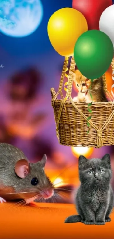 Cute kitten and mouse in balloon basket on vibrant night wallpaper.