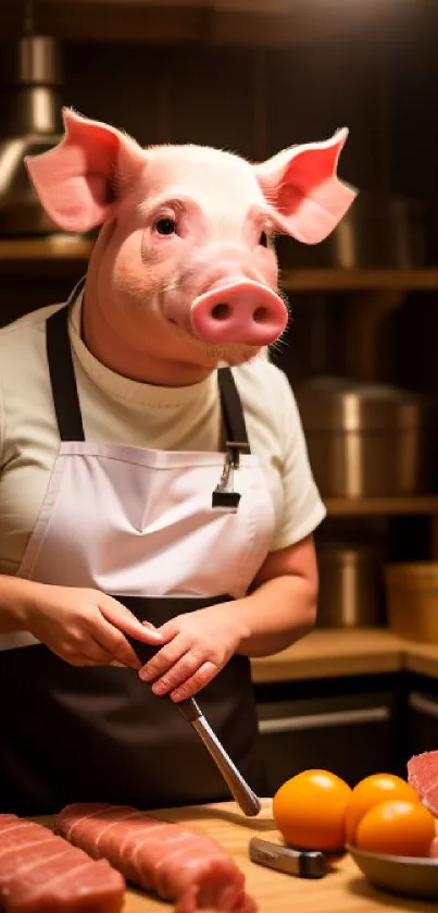 Pig-headed chef slicing meat and oranges in a warmly lit kitchen.