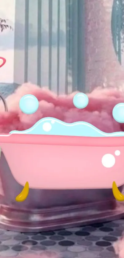 Whimsical pink bathtub with pastel clouds.