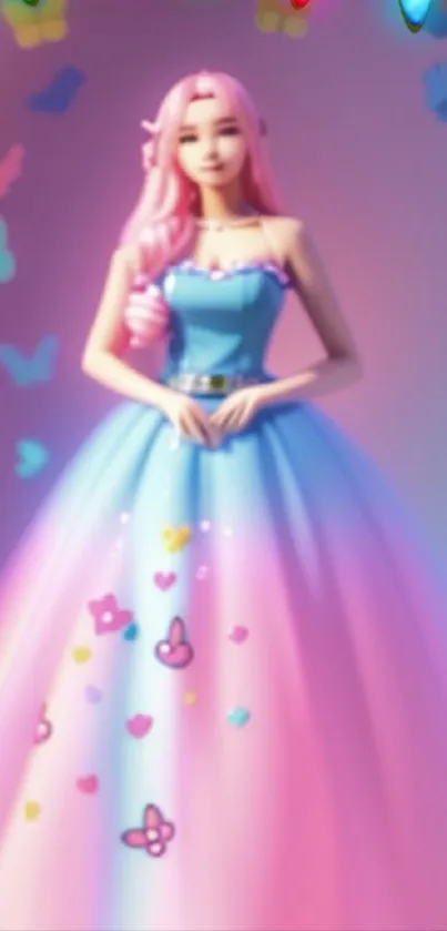 Whimsical pink and blue princess surrounded by colorful butterflies.