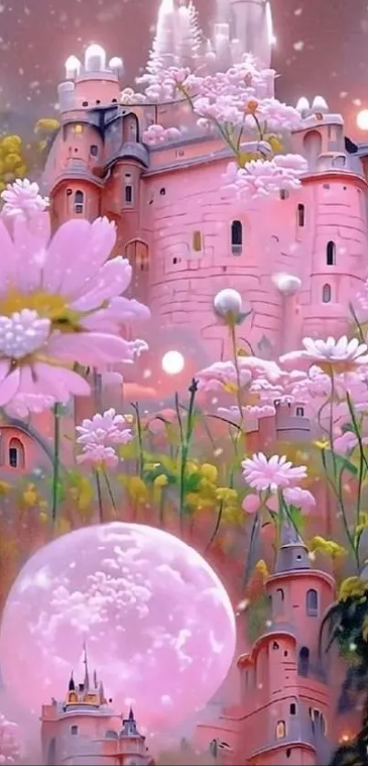 Whimsical pink castle in a dreamy floral landscape.