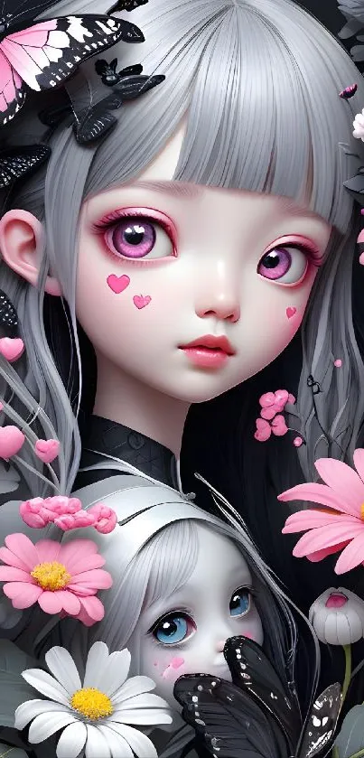 Anime art with pink-eyed character, flowers, and butterflies.