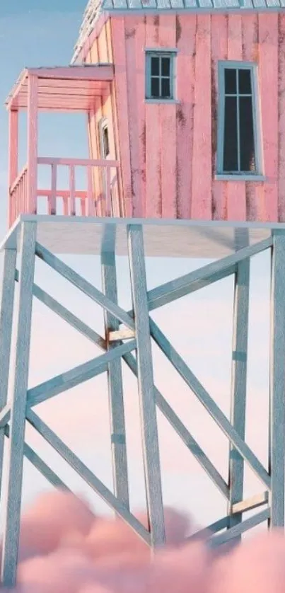 Whimsical pink house on stilts against a dreamy sky.