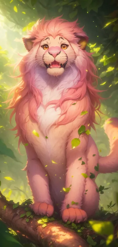 Pink lion in a sunlit forest setting wallpaper.