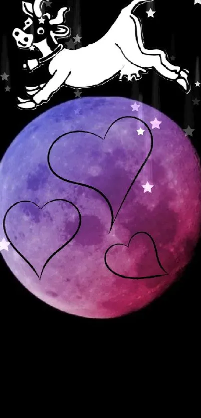 Whimsical cow jumping over a pink and purple moon with heart shapes.