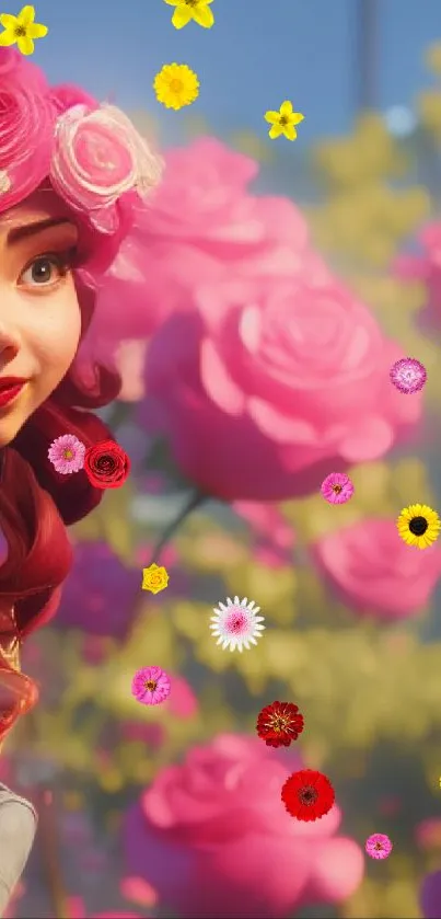 Whimsical animated scene with pink roses and characters in a garden.