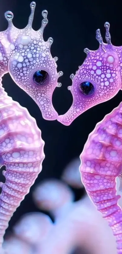 Two whimsical pink seahorses face each other in an artistic underwater scene.