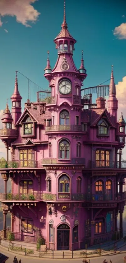 Whimsical pink tower in fantasy cityscape, perfect for mobile wallpaper.