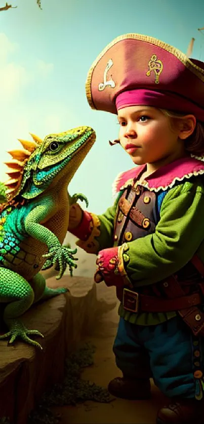 Whimsical pirate adventure with child and lizard in fantasy setting.