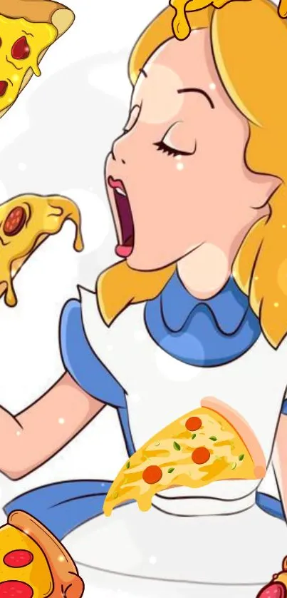 Cartoon character eating pizza slices with joy and whimsy.