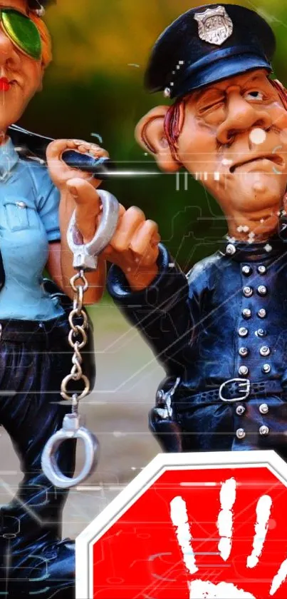 Whimsical cartoon of police officers in blue uniforms with stop sign.