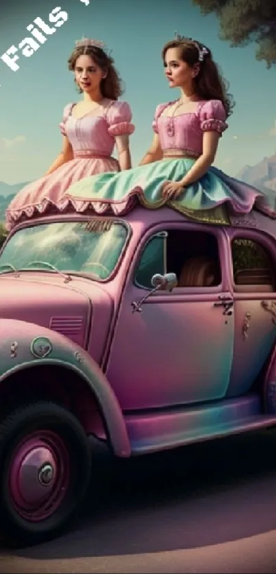 Whimsical princesses on a pink vintage car in a fairytale setting.