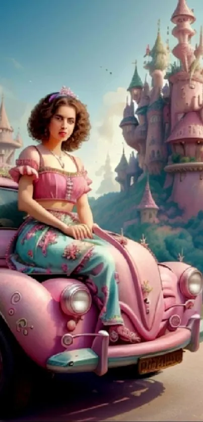 Fantasy princess on pink car by castle.