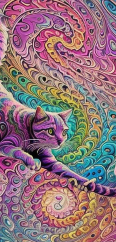 Whimsical psychedelic cat with vibrant swirling patterns