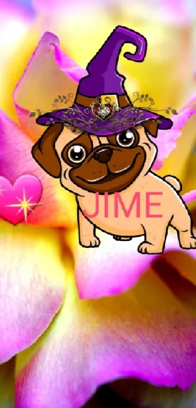 Whimsical pug in witch hat on vibrant rose background wallpaper.