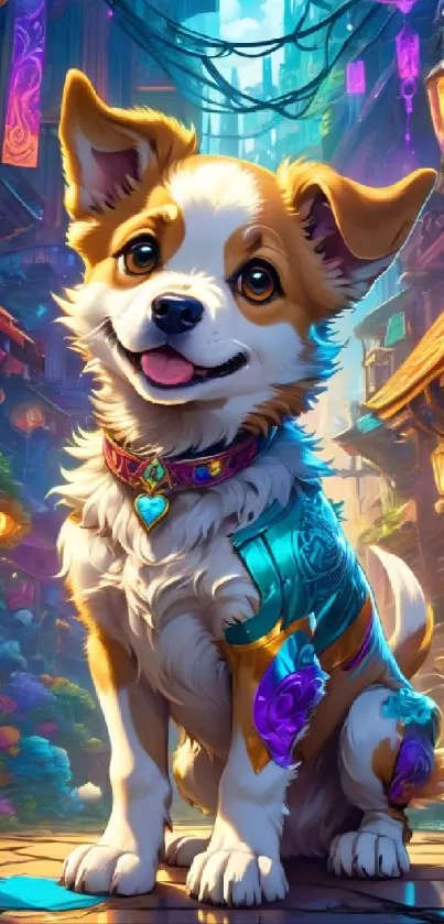 Cute puppy in a vibrant fantasy street setting.