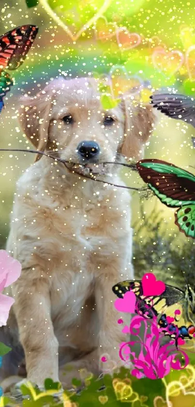 Whimsical wallpaper of a puppy with butterflies, flowers, and hearts.