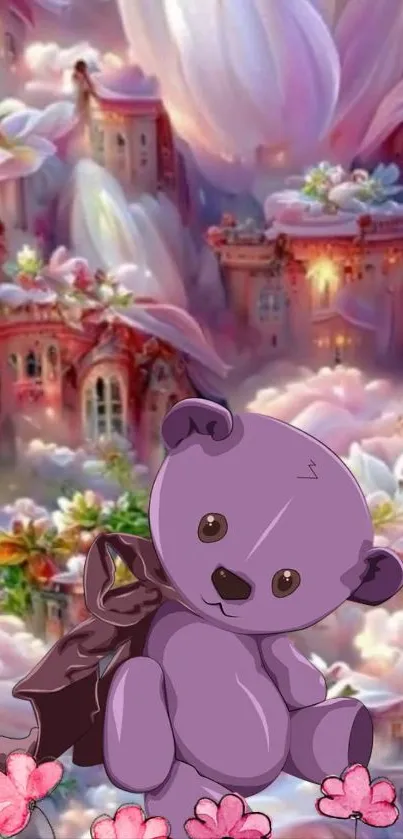 Purple teddy bear in a dreamy castle setting.