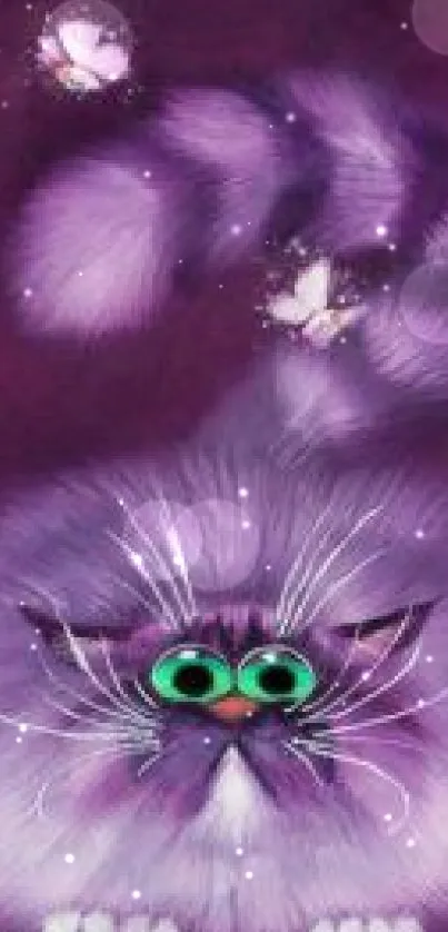 Whimsical purple cat with butterflies in digital art style.