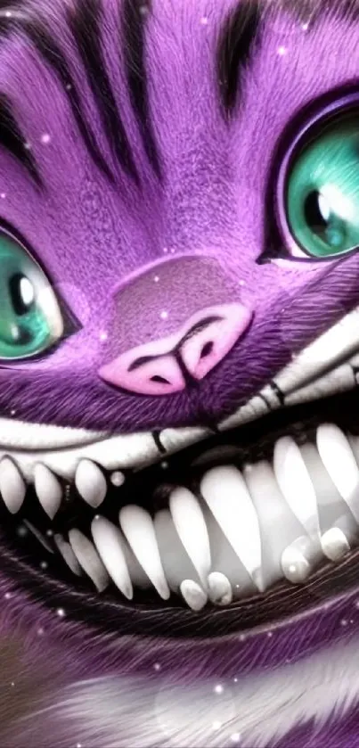 Whimsical purple cartoon cat with green eyes and big smile.