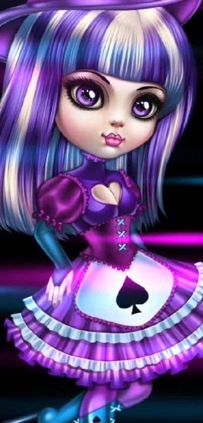 Gothic cartoon character in purple dress with vibrant colors on a dark background.