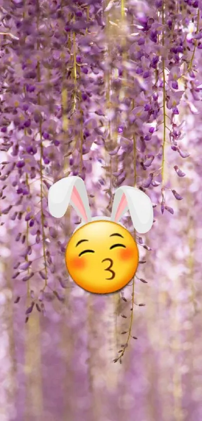 Mobile wallpaper with purple flowers and a bunny-eared emoji.