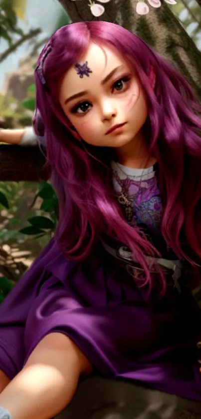 Whimsical fantasy art of a girl with purple hair in a forest.