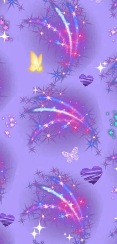 Purple wallpaper with colorful streaks, butterflies, and hearts.