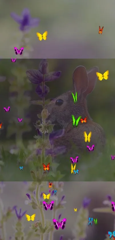 Rabbit surrounded by colorful butterflies and flowers on a green backdrop.