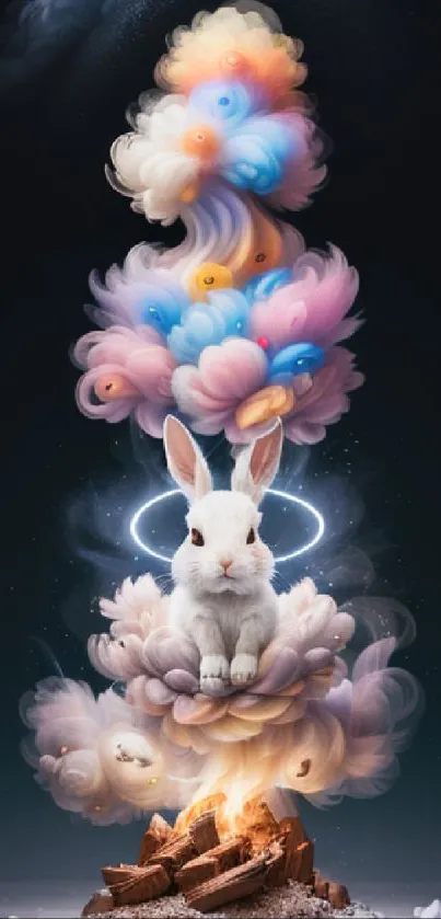 Whimsical rabbit surrounded by colorful swirling clouds in fantasy art.