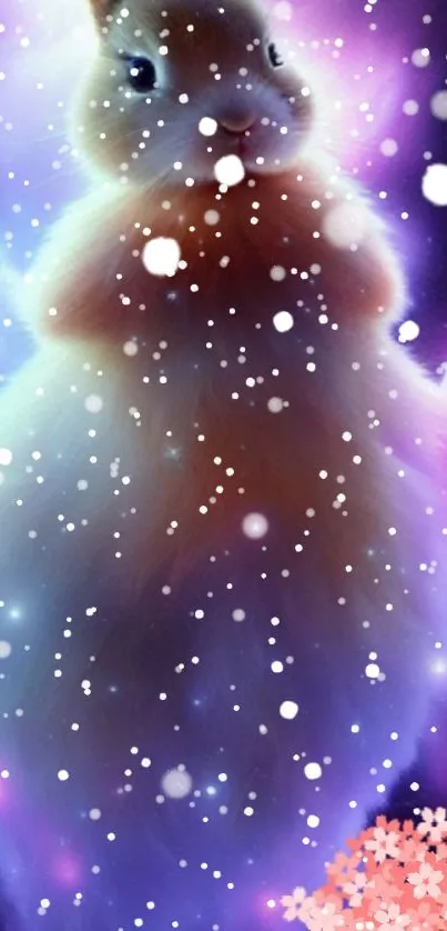 Whimsical rabbit in a vibrant galaxy with snowflakes.