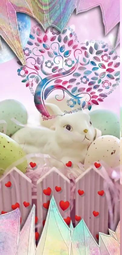 Whimsical wallpaper with a rabbit and heart design in pastel colors.