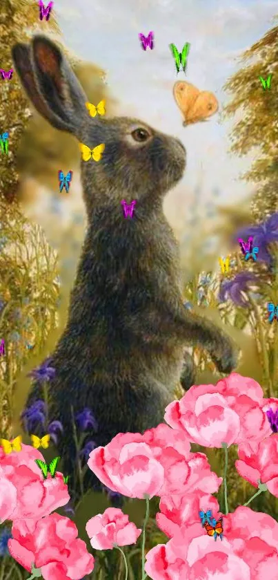 Whimsical rabbit with butterflies in vibrant flower garden.