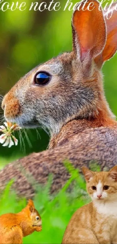 Rabbit in vibrant green meadow with love note text.