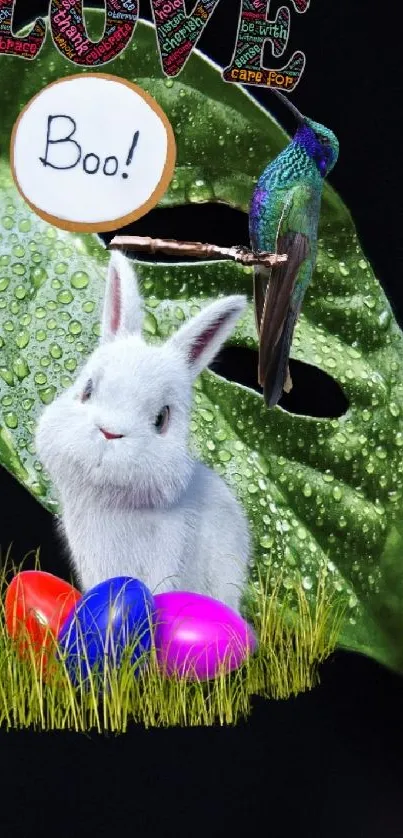 Whimsical wallpaper with rabbit, leaves, and colorful eggs.