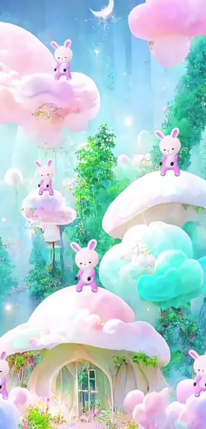 Whimsical wallpaper with rabbits on pastel clouds in a forest.