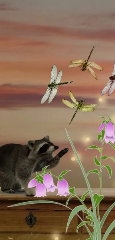 Wallpaper with raccoon and dragonflies in a sunset scene.