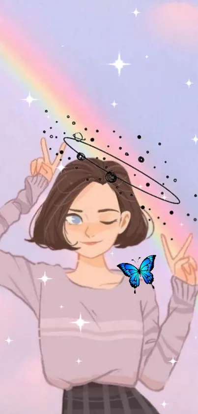 Illustrated girl with rainbow and butterfly.