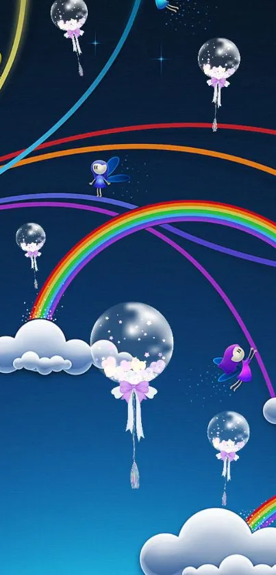 Colorful night sky with rainbows, bubbles, and clouds in a whimsical design.