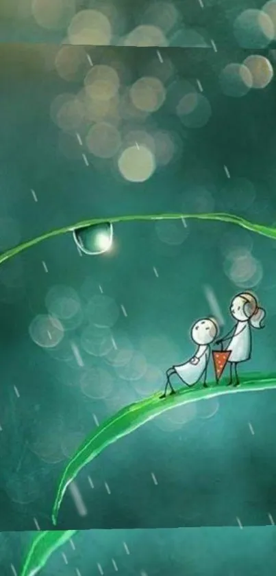 Whimsical illustration of two cartoon figures on a leaf with raindrops falling.