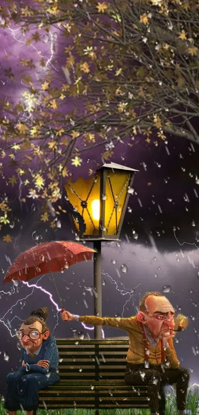 Whimsical rainy park scene with bench and lantern.