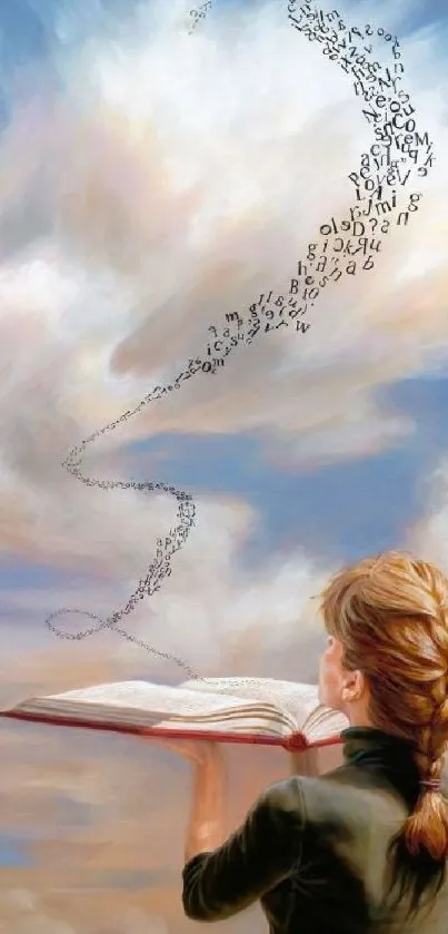 Whimsical woman reading, letters swirl in sky.