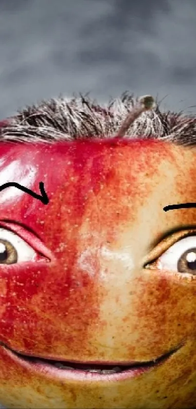 Whimsical red apple with a human face expression on a textured background.